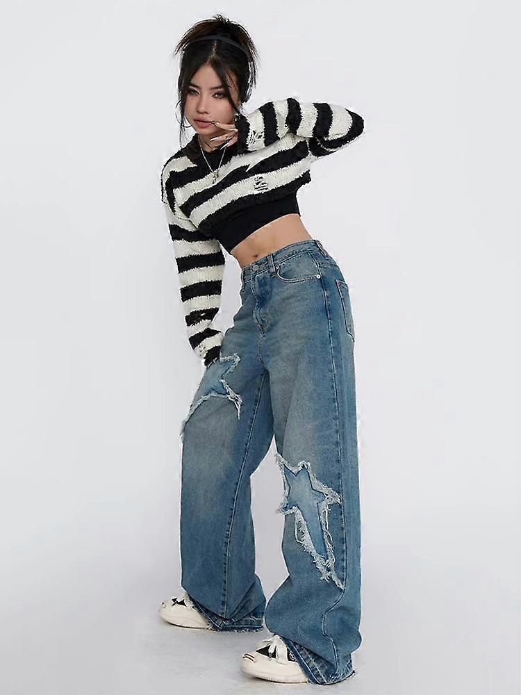 QWEEK Y2K Vintage Blue Jeans Women Street Grunge Star Patchwork