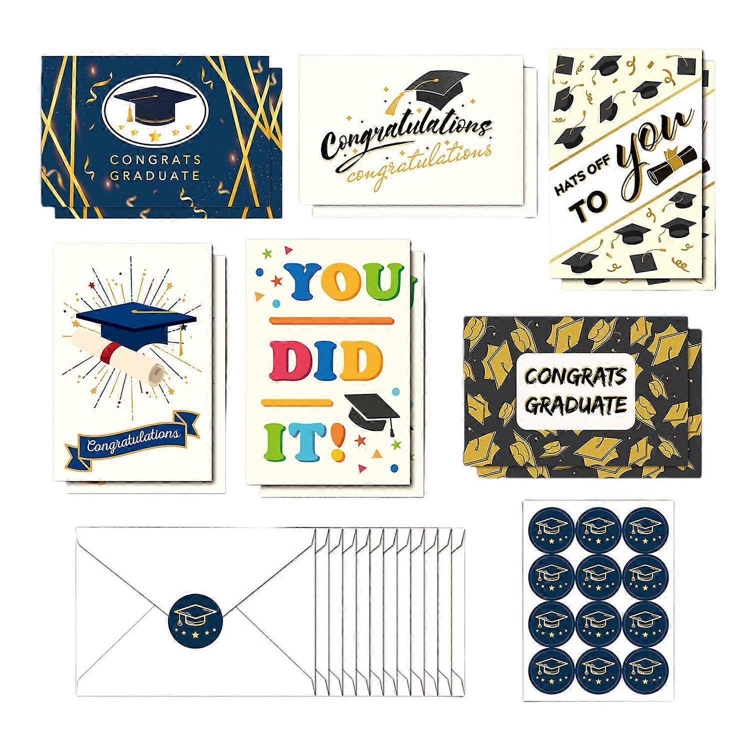 12Pcs/Set Graduation Cards with Envelopes Glitter Graduation Cap Printing Blanks Inside Greeting