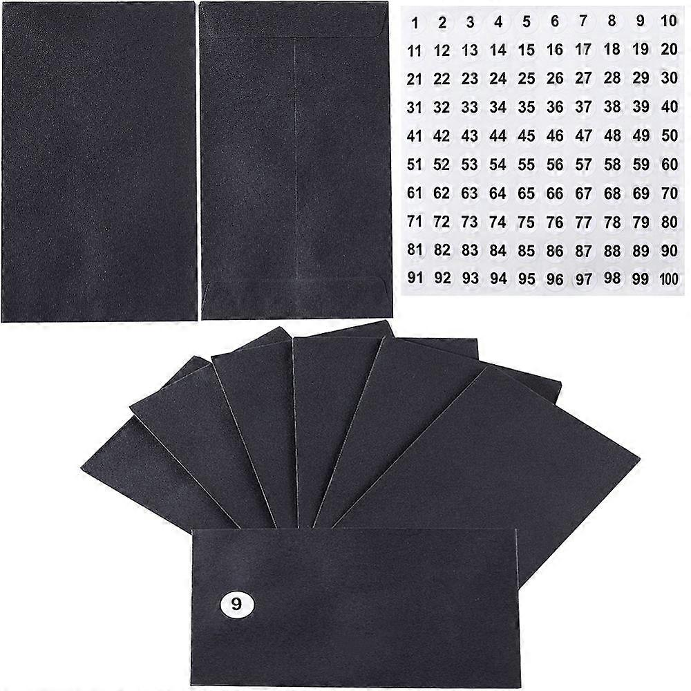 100Pcs Small Black Envelopes Mini Self-Adhesive Seed Coin Packets Kraft Paper Envelopes with Polka Dot Number 1~100 Stickers for Storing Wages Beads S
