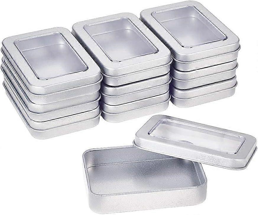 10 Pack 3.5x2.3x0.6 Inch Silver Metal Tin Cans Rectangle Tin Box with Lids and Large Clear Window for Gifts Party Favors and Other Accessories