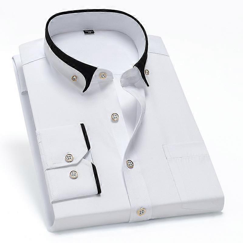 Spring Autumn Men's Contrast Collar Elastic Long Sleeve Shirt Business Leisure Comfortable Non Iron Shirt Youth Solid Color Top