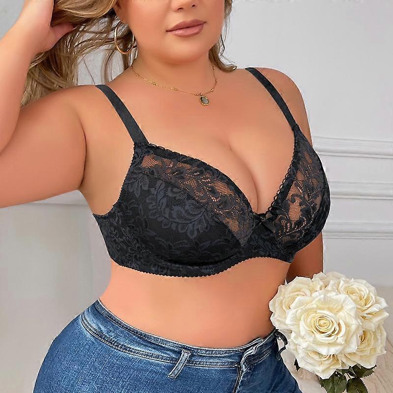 Women's Plus Size Bra Solid Color Full Coverage Thin Breathable Single Layer Cup Sexy Lace Half See-Through Underwire Bras Romance Style
