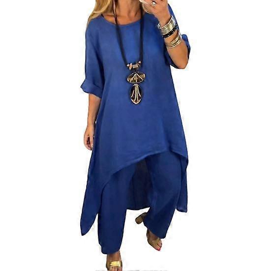 2 stuks/set dames top broek set kleur o mouw nek lang effen halflang onregelmatige zoom top wijde pijp