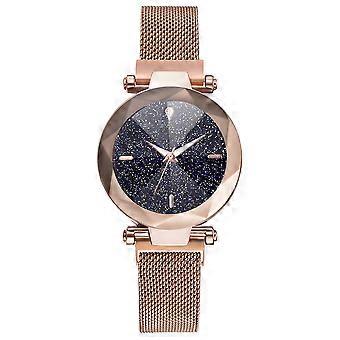 Mode Femmes Quartz Montre-bracelet Aimant Bouton Maille Sangle Montre-bracelet Cadran rond (or rose)