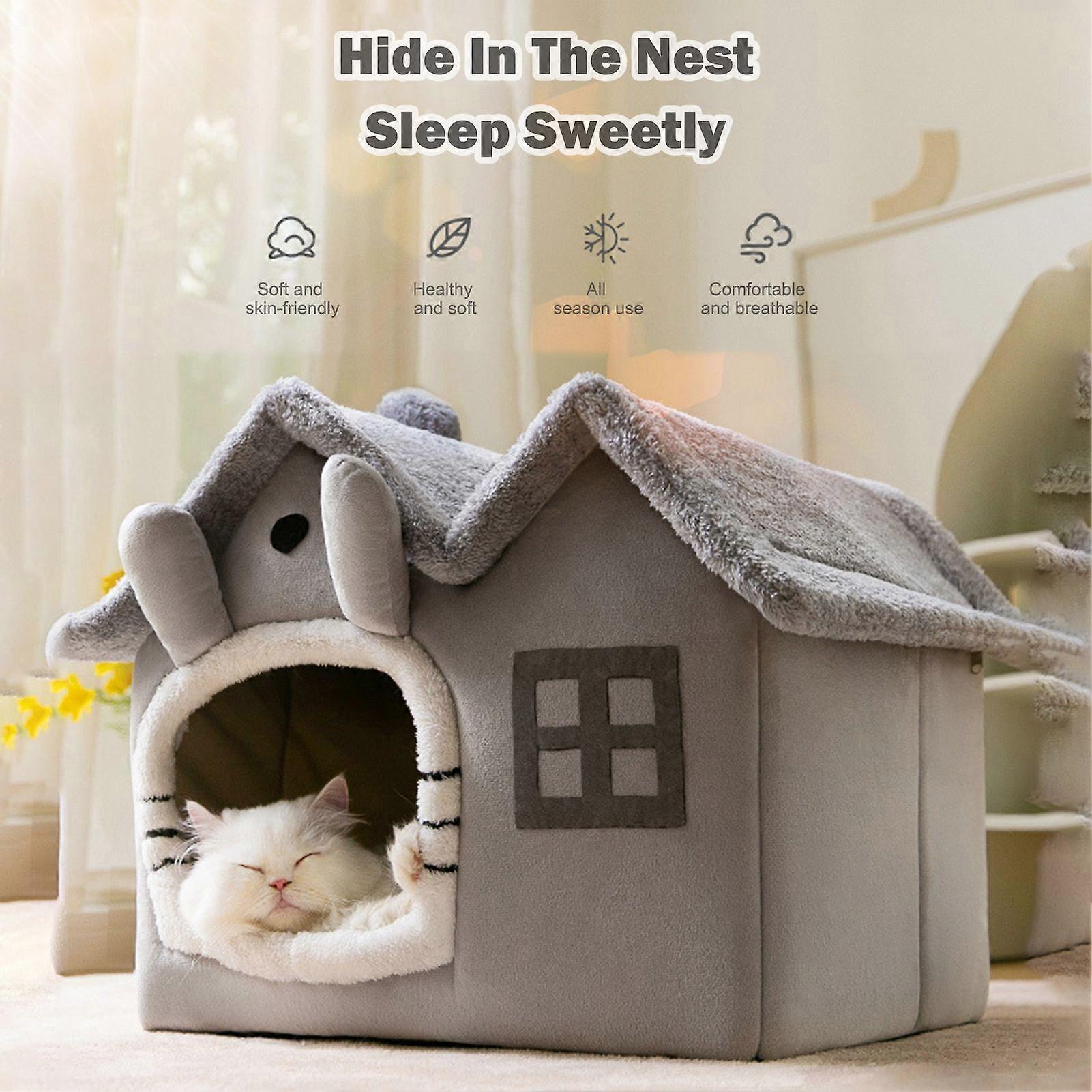 Cat House Bed Ultra-Soft Plush Material Cat Beds for Indoor Cats Cat House Relieve Muscle and Joint Pressure Private and Comfortable Design Removable