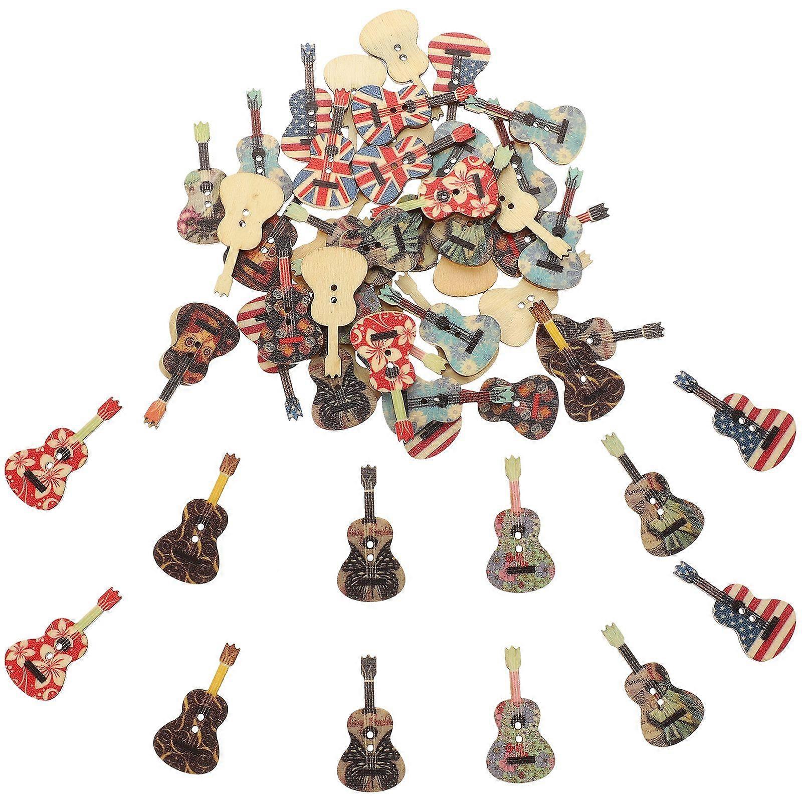 50pcs Wood Buttons Guitar Shape Buttons DIY Buttons for Crafting Halloween Guitar Buttons Random Color