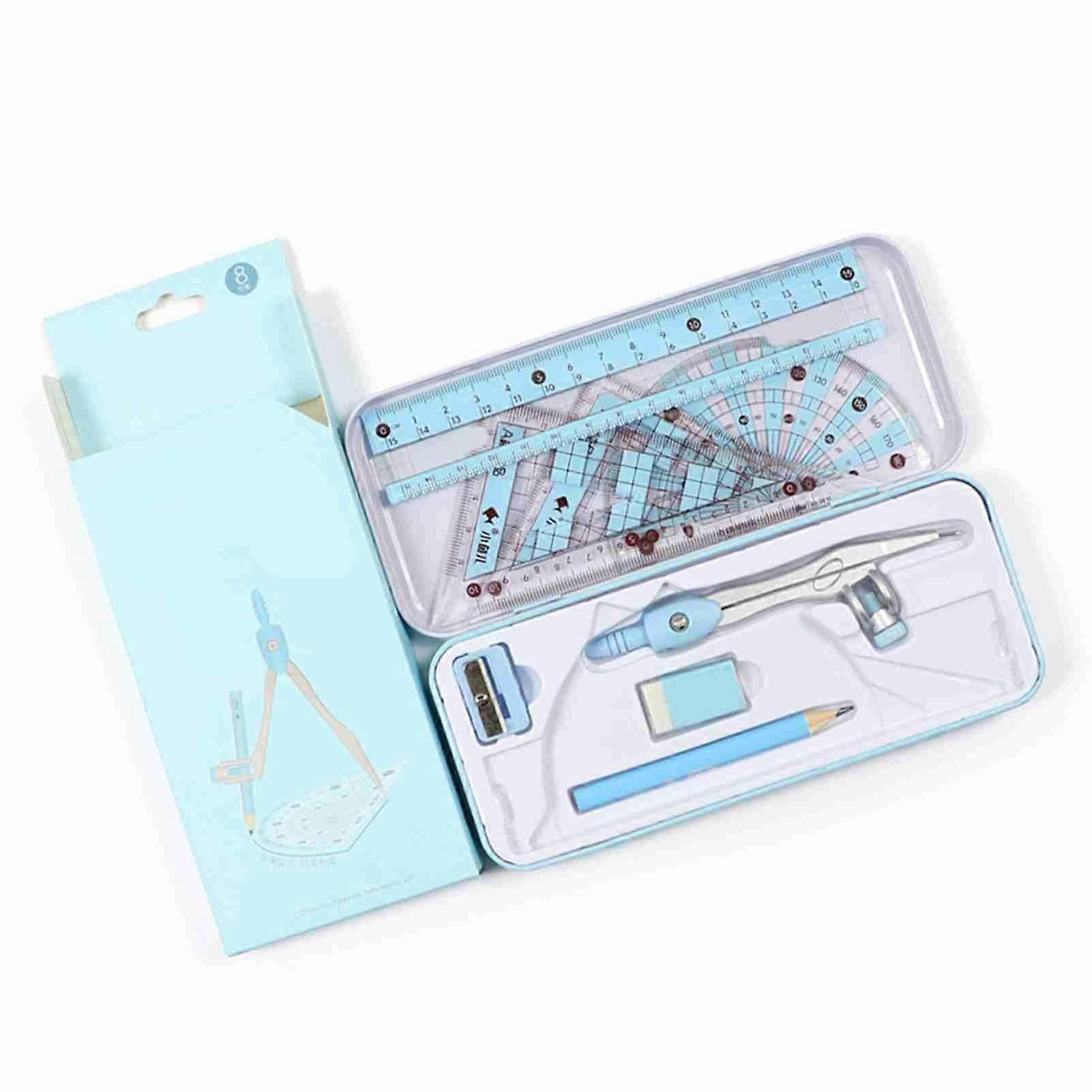 8-Pieces Math Geometry Kit Student Supplies Includes Rulers, Protractor, Compass, Pencil, Eraser Engineering Drawings Set