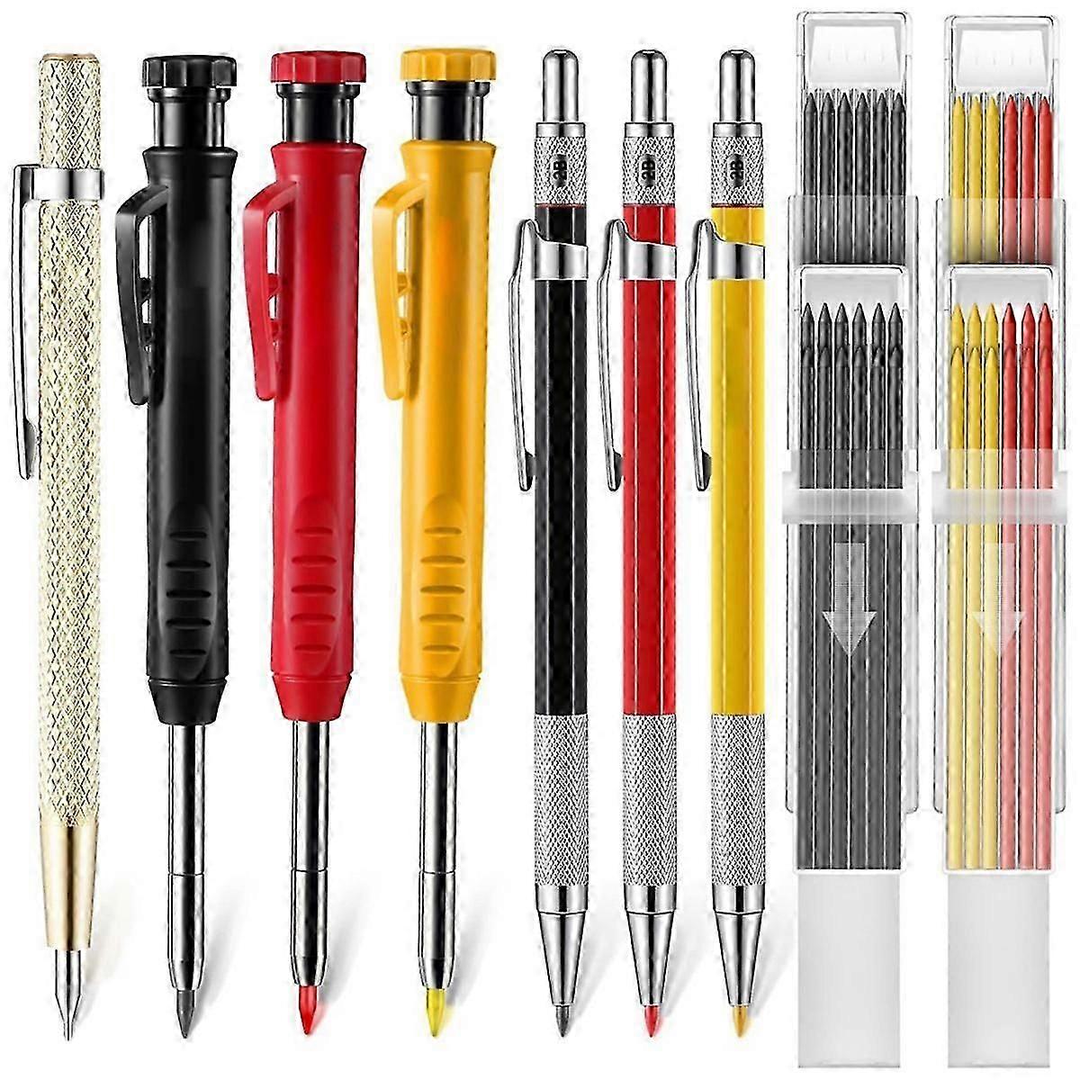 Mechanical Carpenter Pencils Set with Marker Refills and Carbide Scriber Tool, Solid Deep Hole Wood