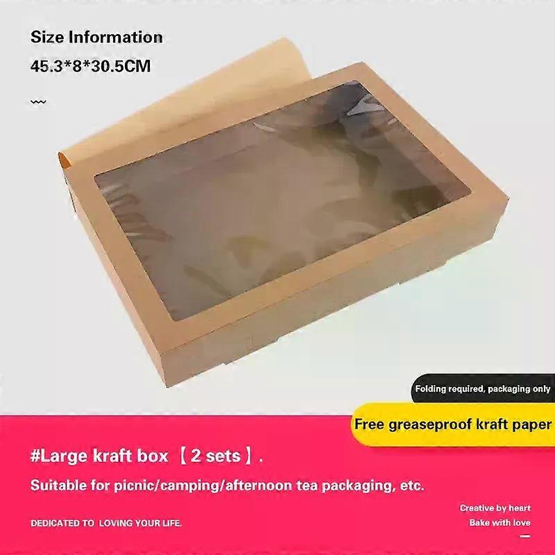 2pcs, Picnic Box With Window Lid, Outdoor Camping Style Kraft Paper Packaging Box, Baking Light Food Fruit Dessert Lunch Box