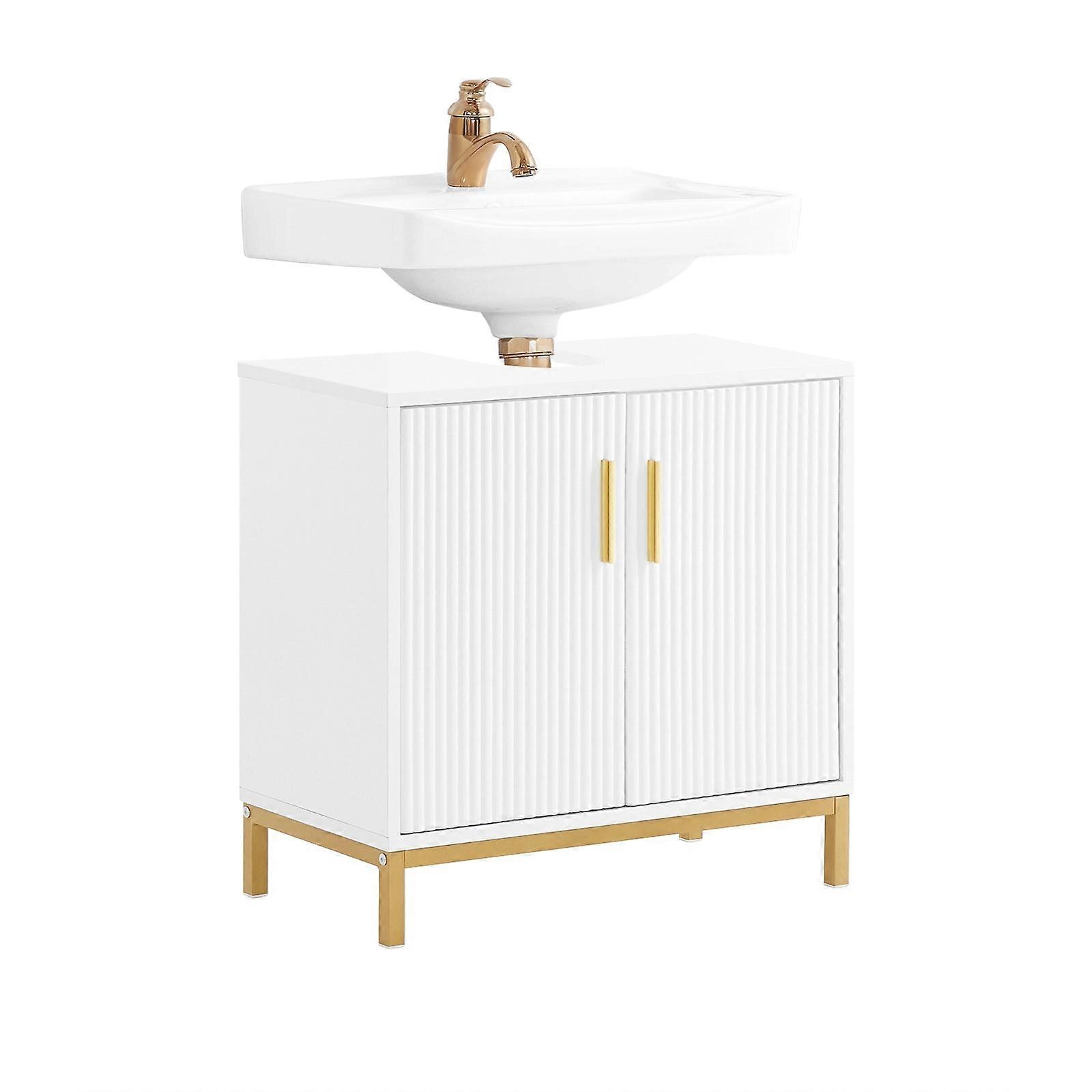 SoBuy BZR179-W, meuble vasque au sol Armoire de rangement Armoire sous évier Salle de bain avec 2 portes et pieds et poignées Gloden