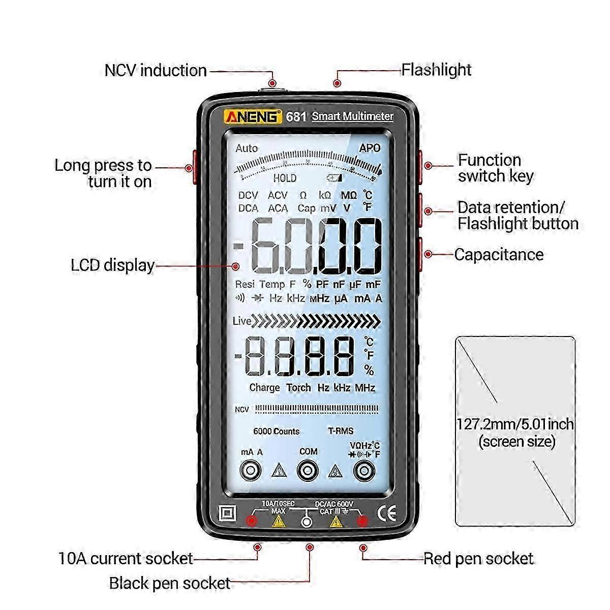 681 Rechargable Digital Multimeter Non-Contact Voltage Tester AC/ Meter LCD Screen Current Tester