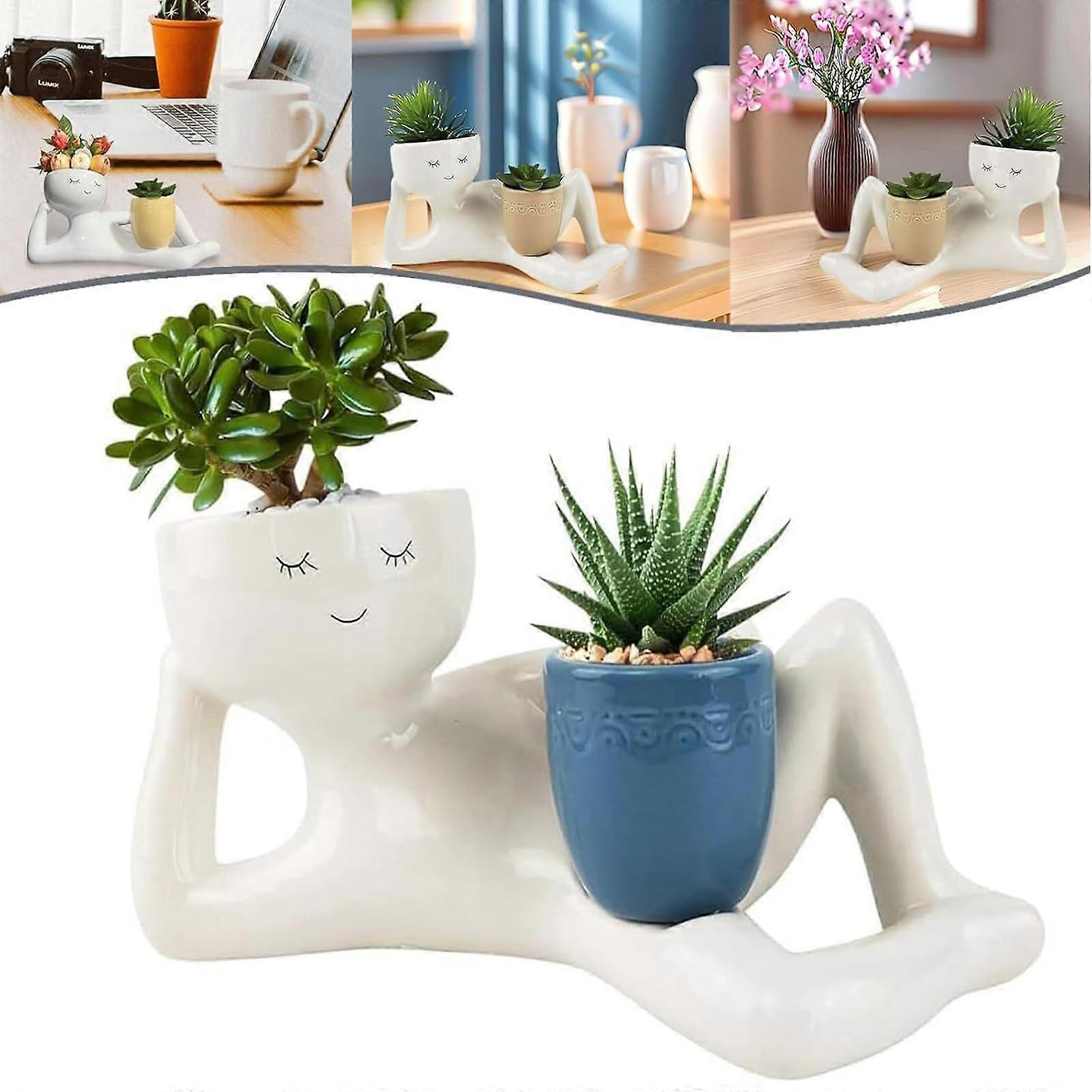 Lazy Guy Planter Funny Face Resin Plant with Pots Dual Drainage Holes, Succulent Planter (Blue)