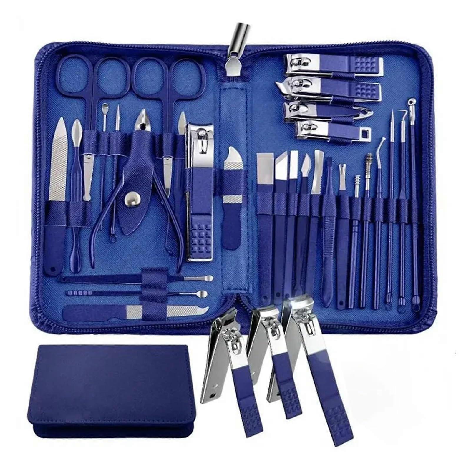 Manicure Set 30 in 1 Stainless Steel Nail Clippers and Grooming Tools with Leather Case Blue