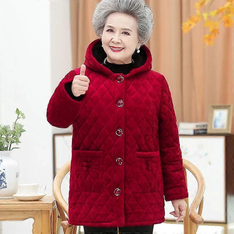 Middle-aged and Elderly Corduroy Padded Jacket, Mother's Padded Jacket, Old Lady's Hooded Plus Velvet Plus Size Winter Thick Padded Jacket