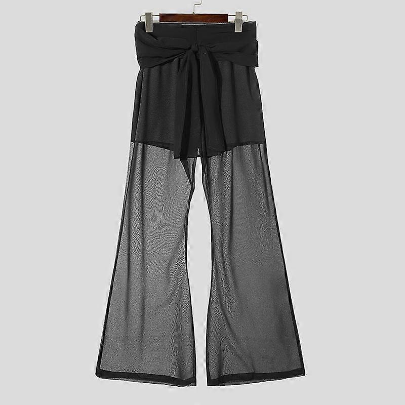 INCERUN Men Bow Tie Elastic Waist Stitching Mesh Sheer Casual Long Pants Lace Trousers