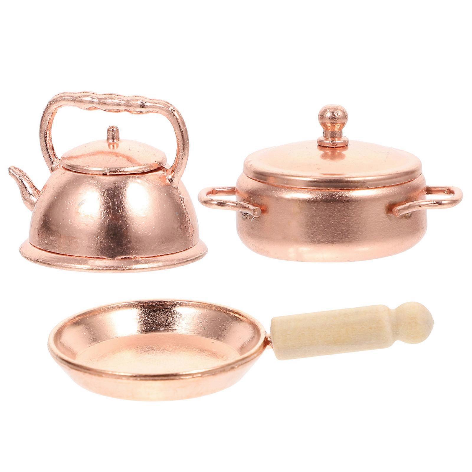 Golden Miniature Toy Set with Frying Pan Kettle and Pot for Doll House Decor Made of Aluminium