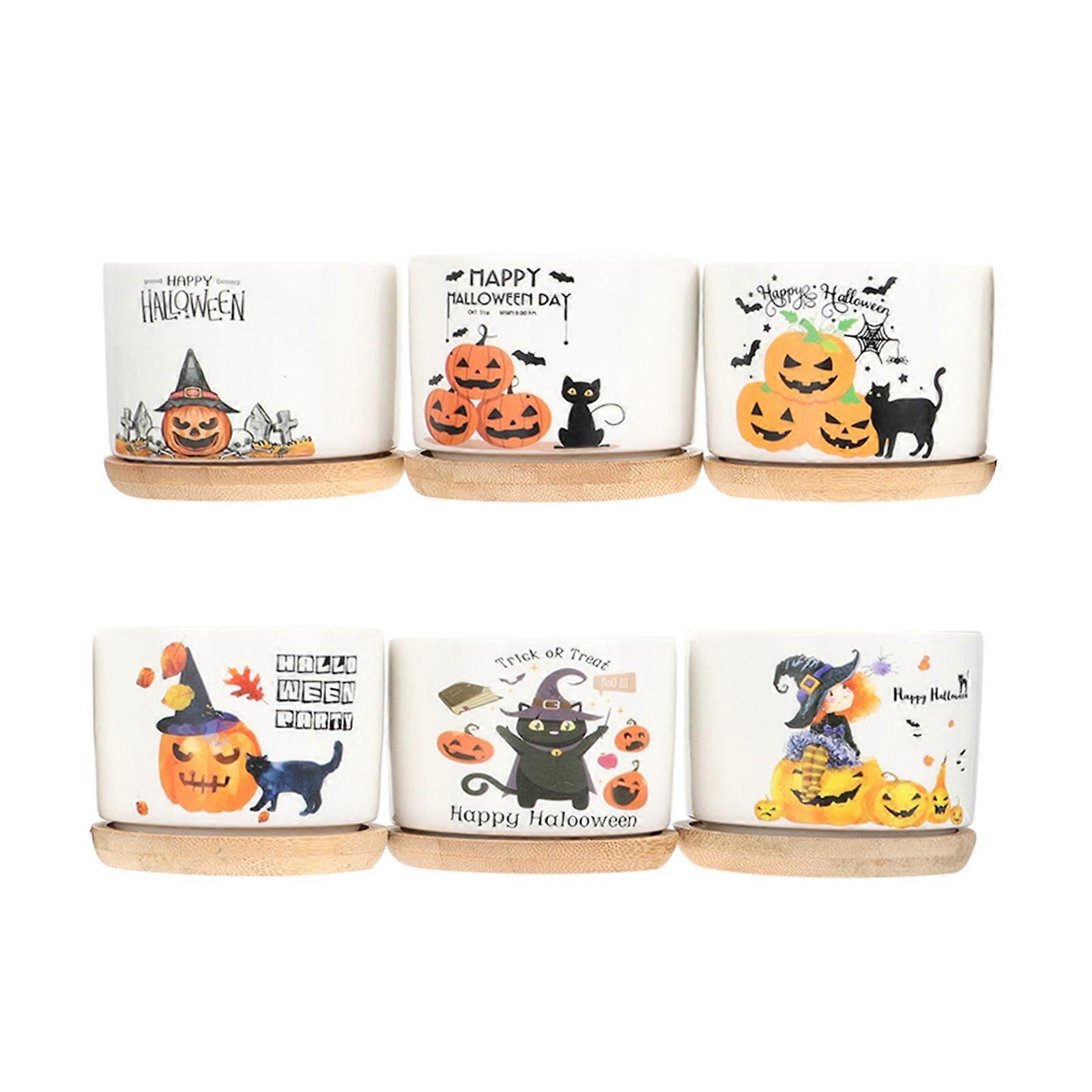 Halloween Theme Flowerpots Ceramic Small Succulent Pots Home Gardening Assorted Color 6Pcs