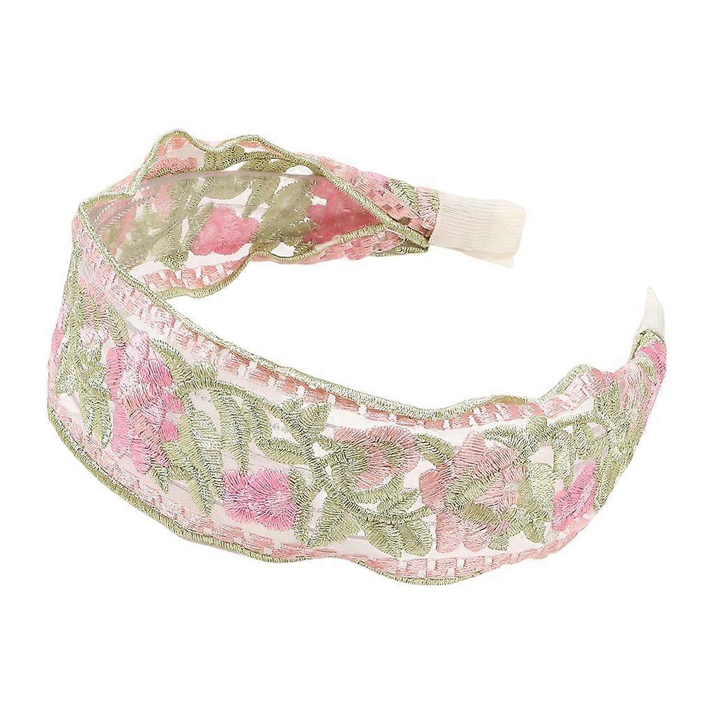 Mesh Wide Headband Retro Embroidered Floral Headband Soft Elastic Headband Hair Accessories Pink