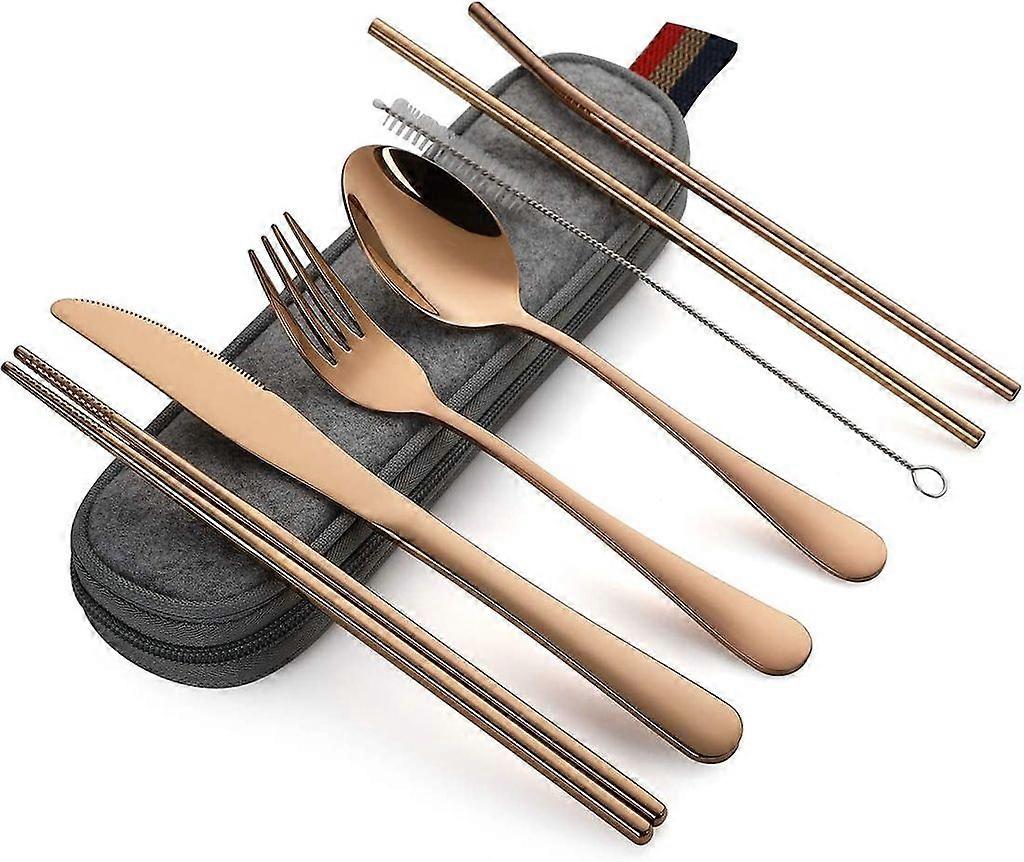 8-Pack Portable Stainless Steel Tableware Set, for Travel/Camping, Includes Knife, Fork, Spoon, Chopsticks, Brush, Straw, Bag