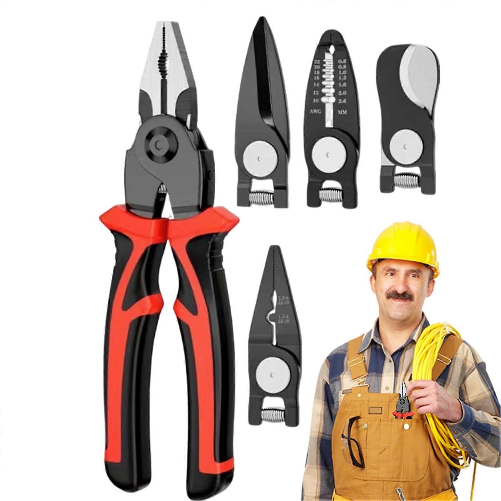 High-Performance 5-in-1 Steel Stripping Tool, Multi-Functional Crimping and Cutting Pliers with Replaceable Tips