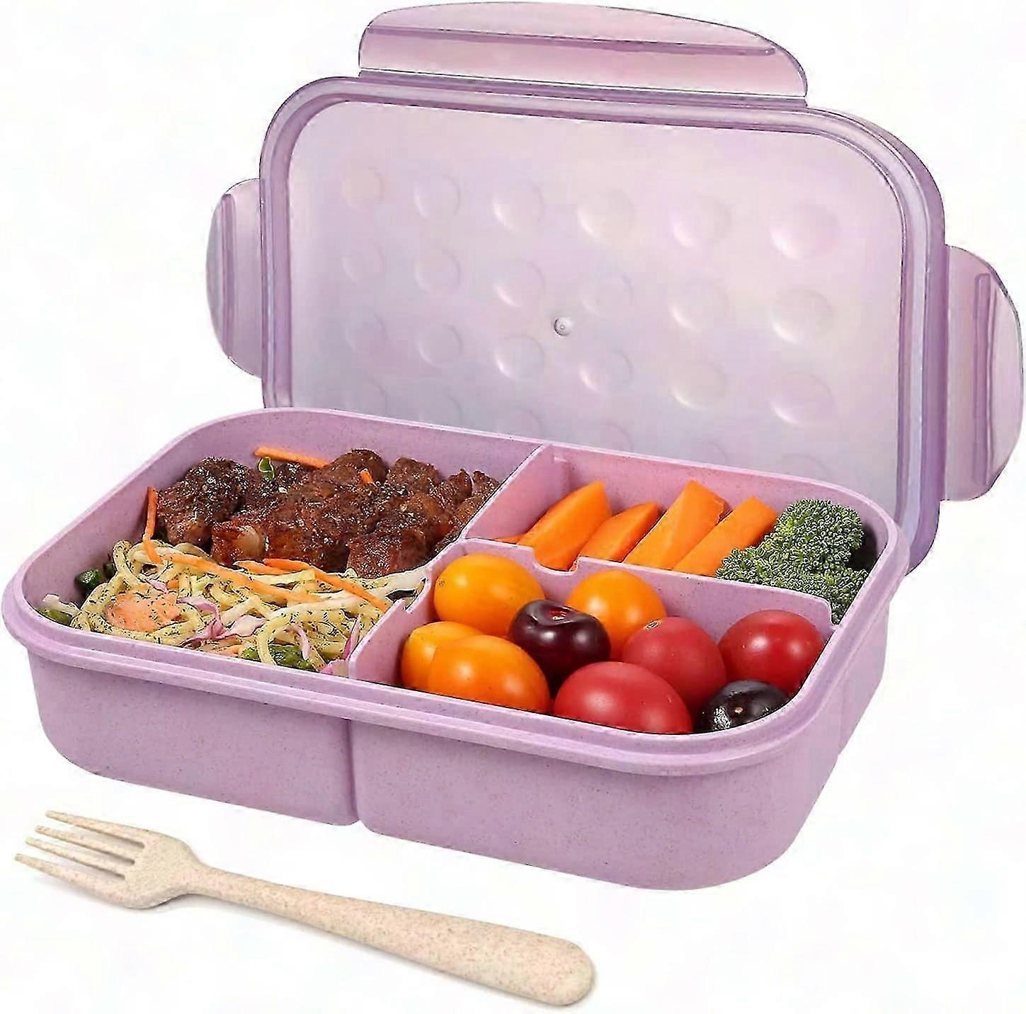 Bento Box for Adults - 3 Compartment Leak Proof Lunch Container, Microwave Safe with Flatware (Purple)