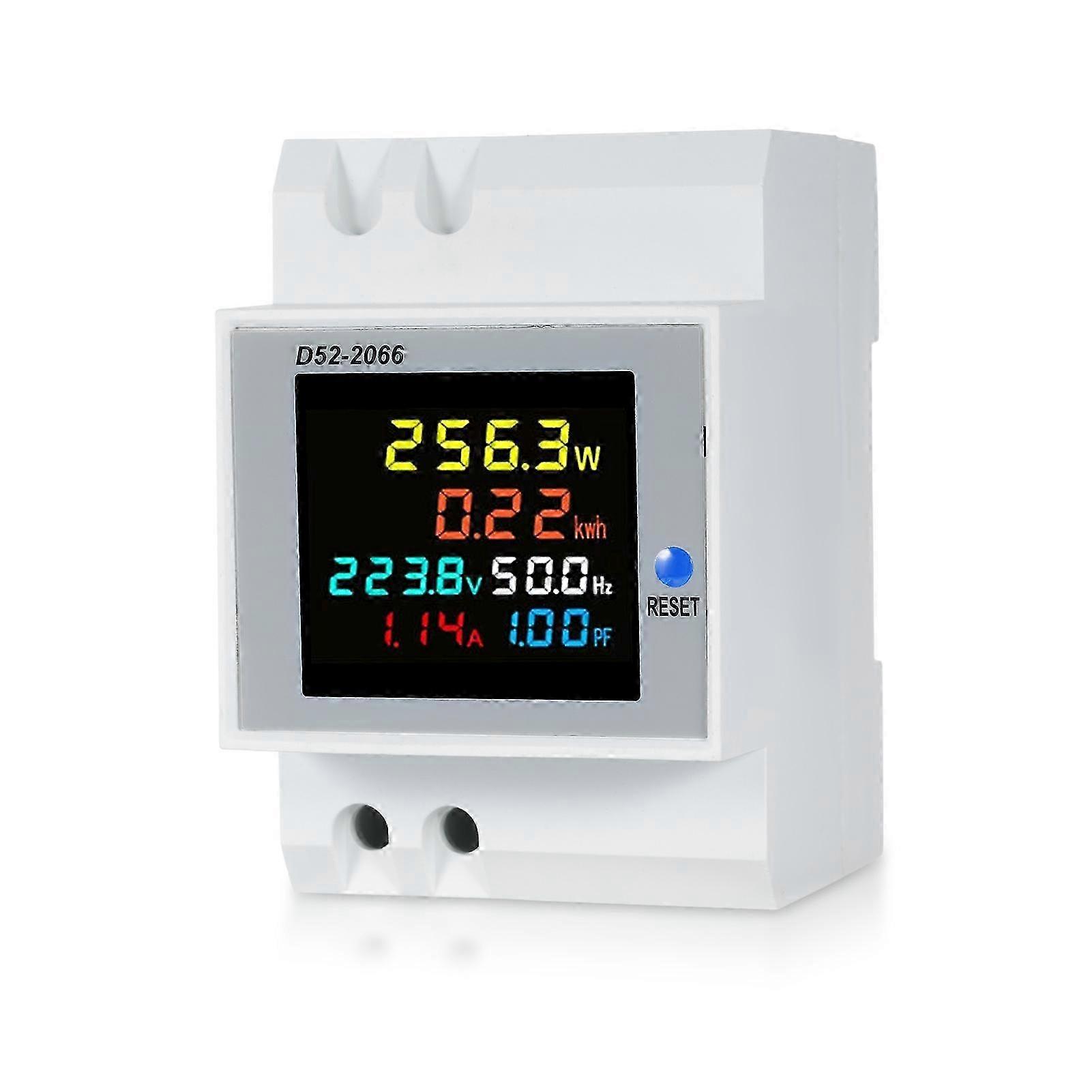 2025 D52-2066 6-in-1 Digital Single Phase Energy Meter Tester Din Rail AC Monitor Voltage Current Power Factor Active KWH AC 250V~450V 100A Electricit
