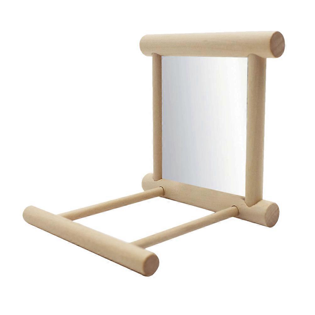 Wooden Pet Toy with Mirror Design for Parrot Curiosity and Fun Beige Color Safe Material 7 inch