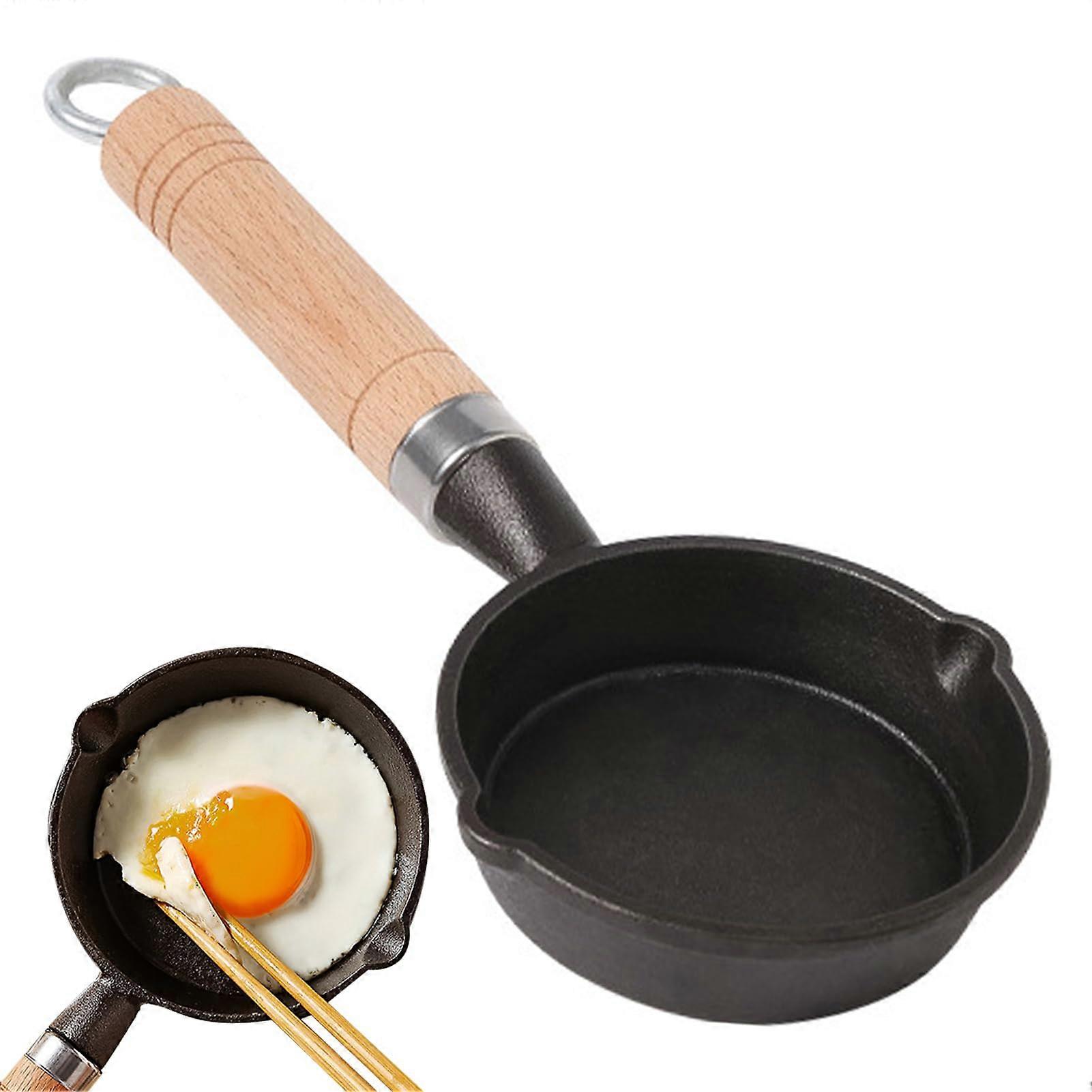 Small Cast Iron Frying Pan  Mini Pan with Wooden Handle for Eggs, Noodles