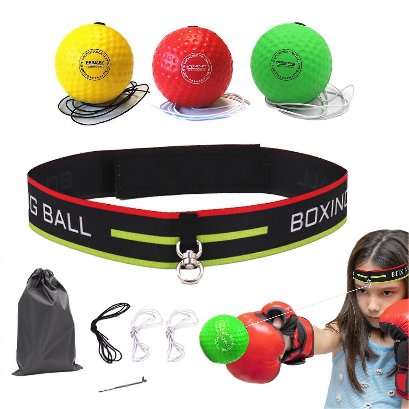 Box-Reflexball - Elastic Reflex Ball with Headband | Adjustable Box Training Aid for Reaction Speed Coordination - Yellow Red Green Balls