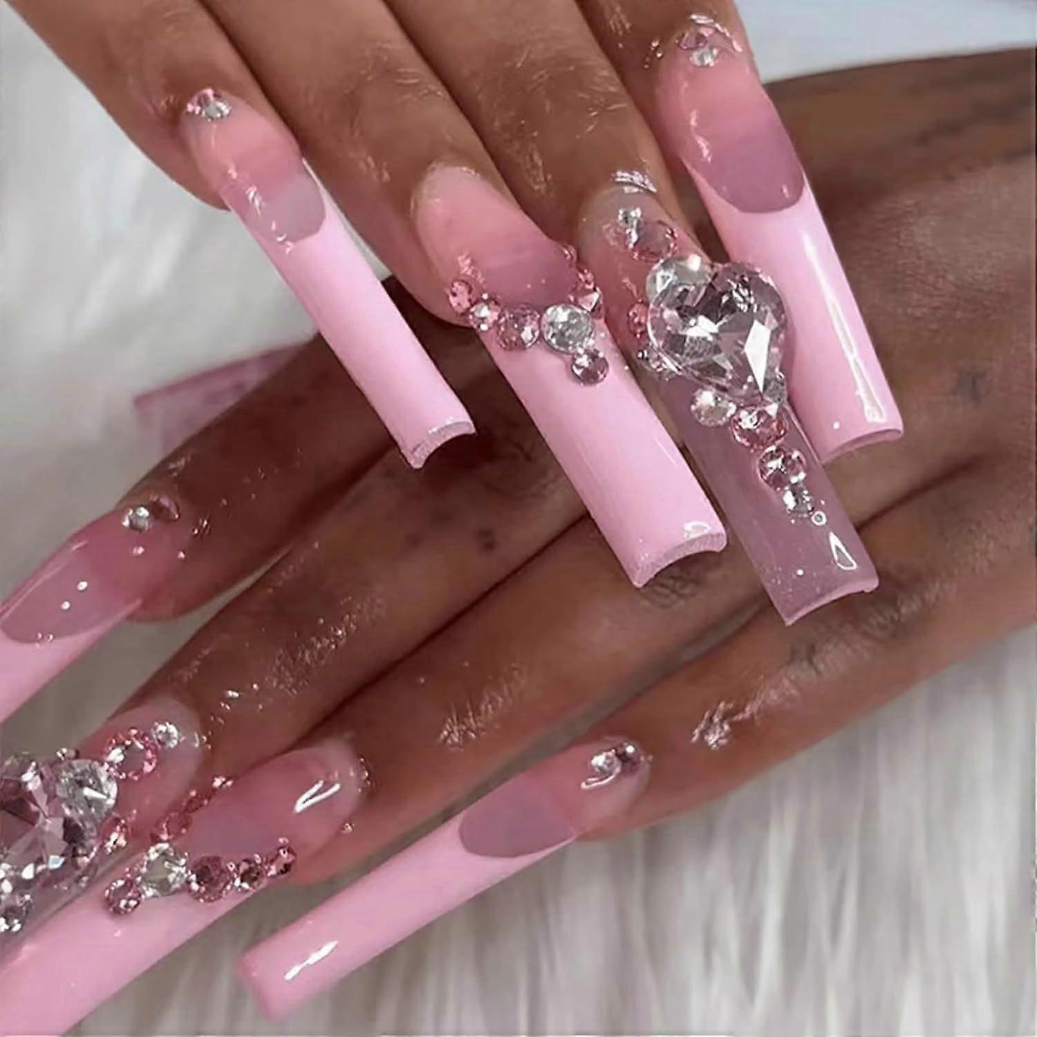 Unhas postiças quadradas com design de strass e ponta francesa