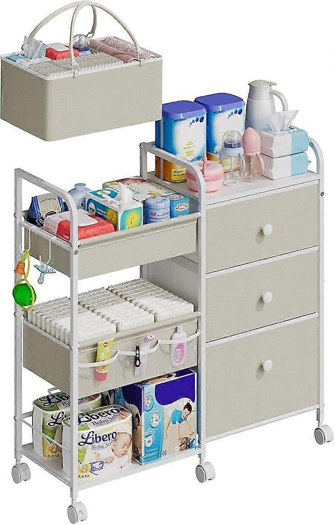 2 in 1 Baby Diaper Caddy Organizers and Storage, 3 Tier Rolling Cart with Dividers and Drawers, Mobile Utility Cart Baby Dresser Clothes Organizer for
