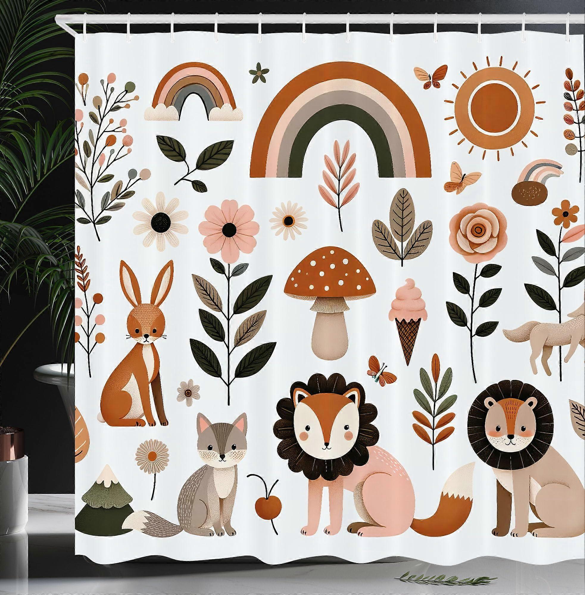 Woodland Shower Curtain - Nordic Animals Mushrooms Rainbows & Flowers - Cloth Fabric, 69W x 70L, Rust Taupe Blush