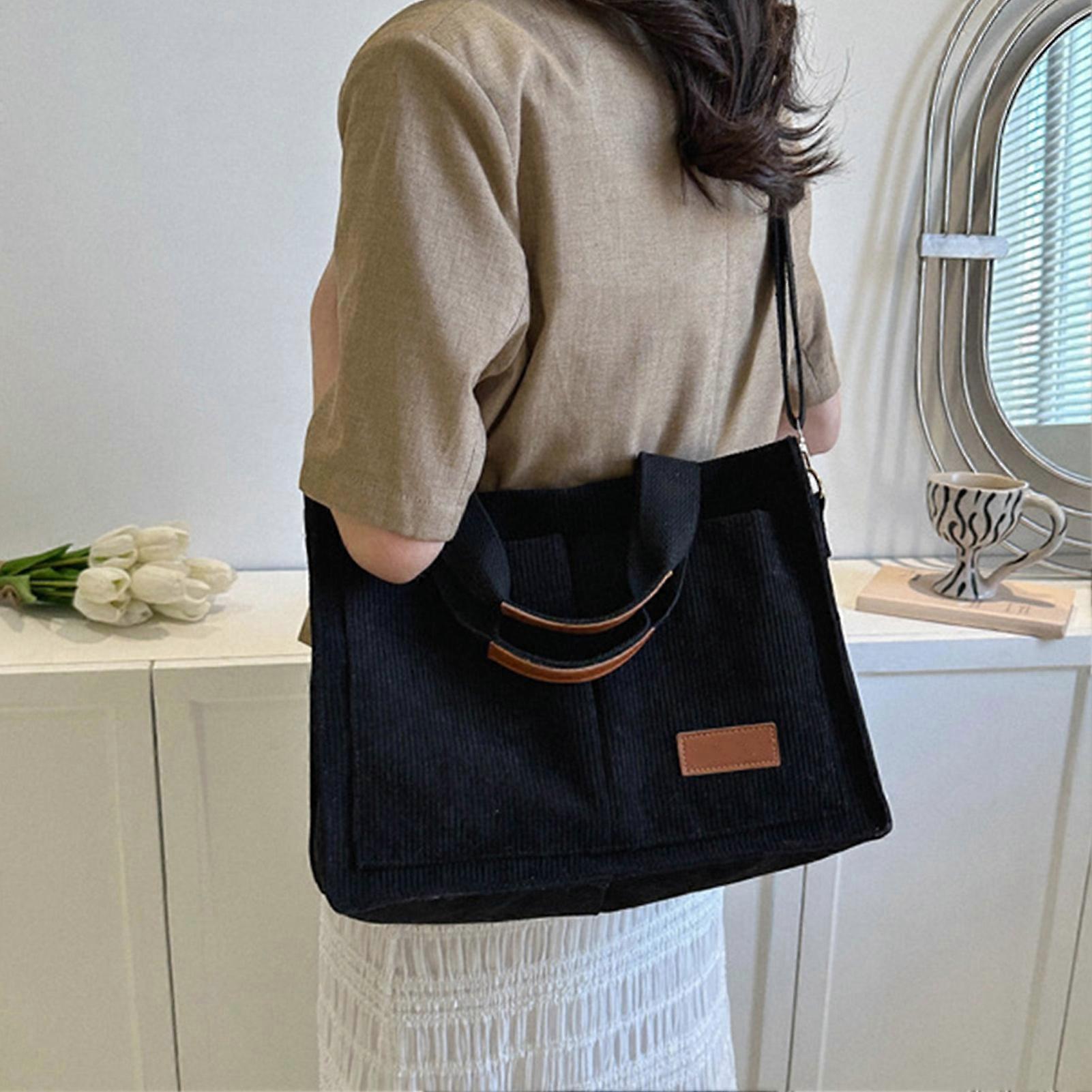 Large Capacity Polyester Shoulder Tote Bag Black 35x26x13.5cm