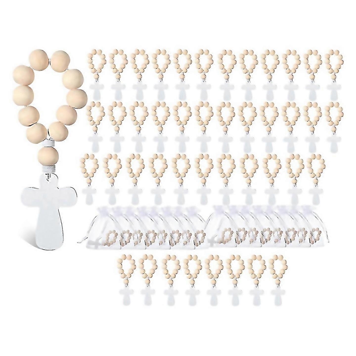 Pour 60 pcs chapelet en bois avec sacs en filet perles de chapelet en bois pour le baptême