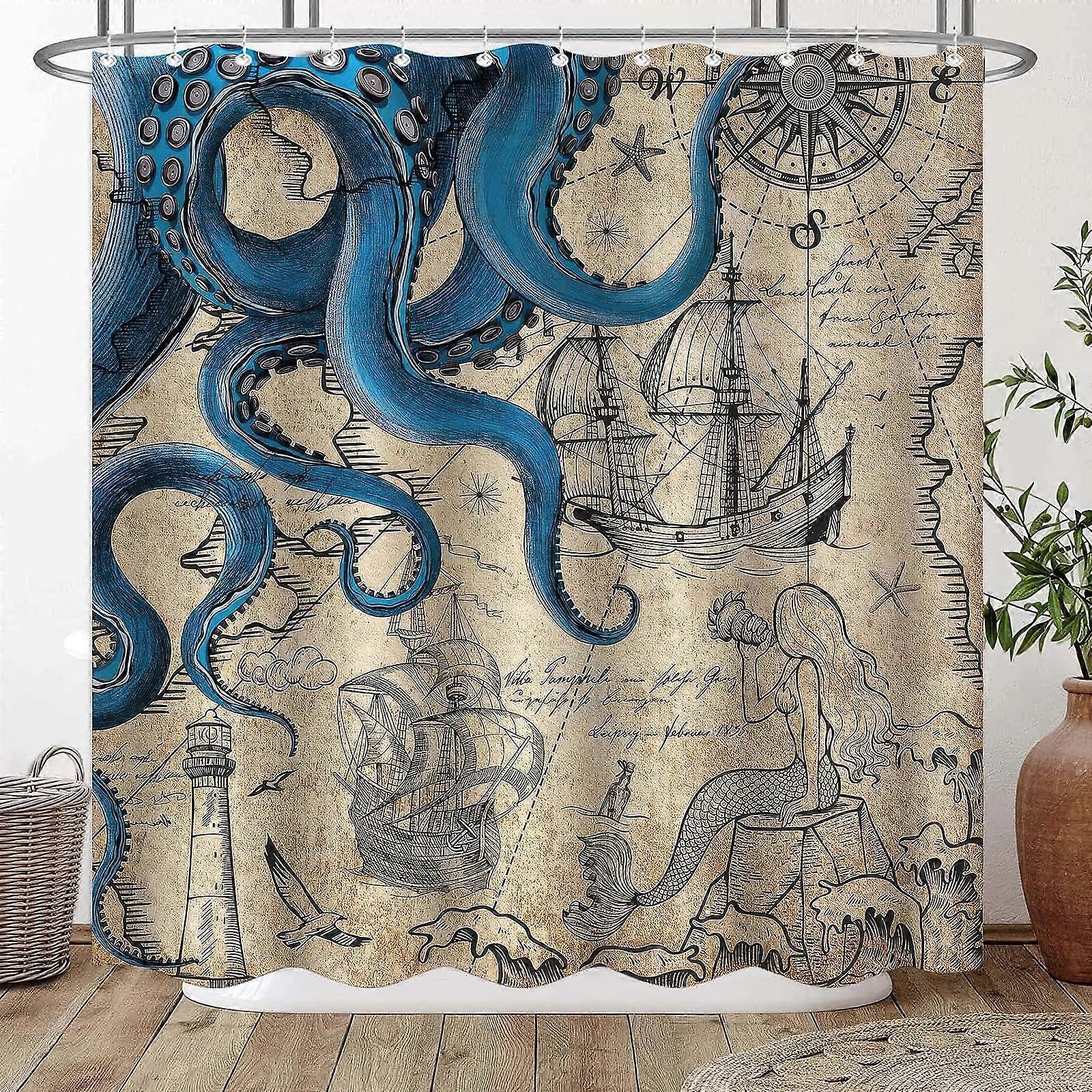 Octopus Themed Shower Curtain, Retro Nautical Waterproof, 180x180 cm, 1 Panel, Model Octopus2