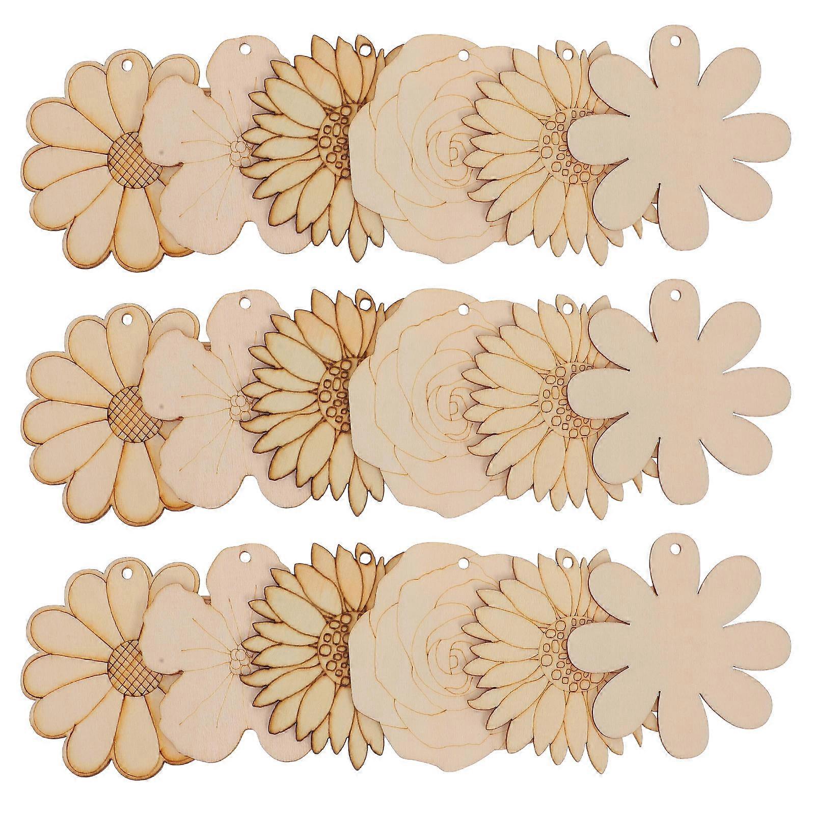 Unfinished Wooden Flower Cutouts For Kids Crafts 80 Pcs Natural Beige Jute String Charms Educational Use Art Projects