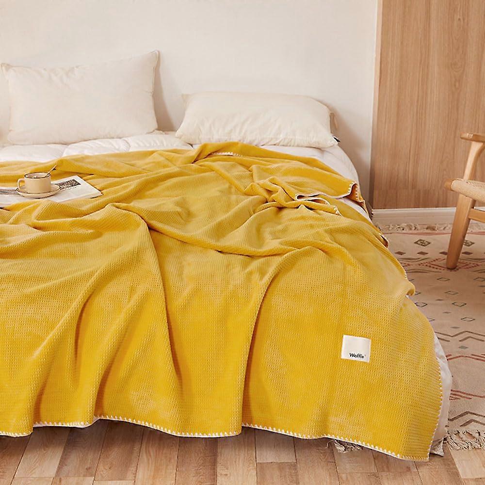 Soft Solid Color Blanket Sofa Throw 70x100cm Yellow Waffle Velvet Material Travel Ready