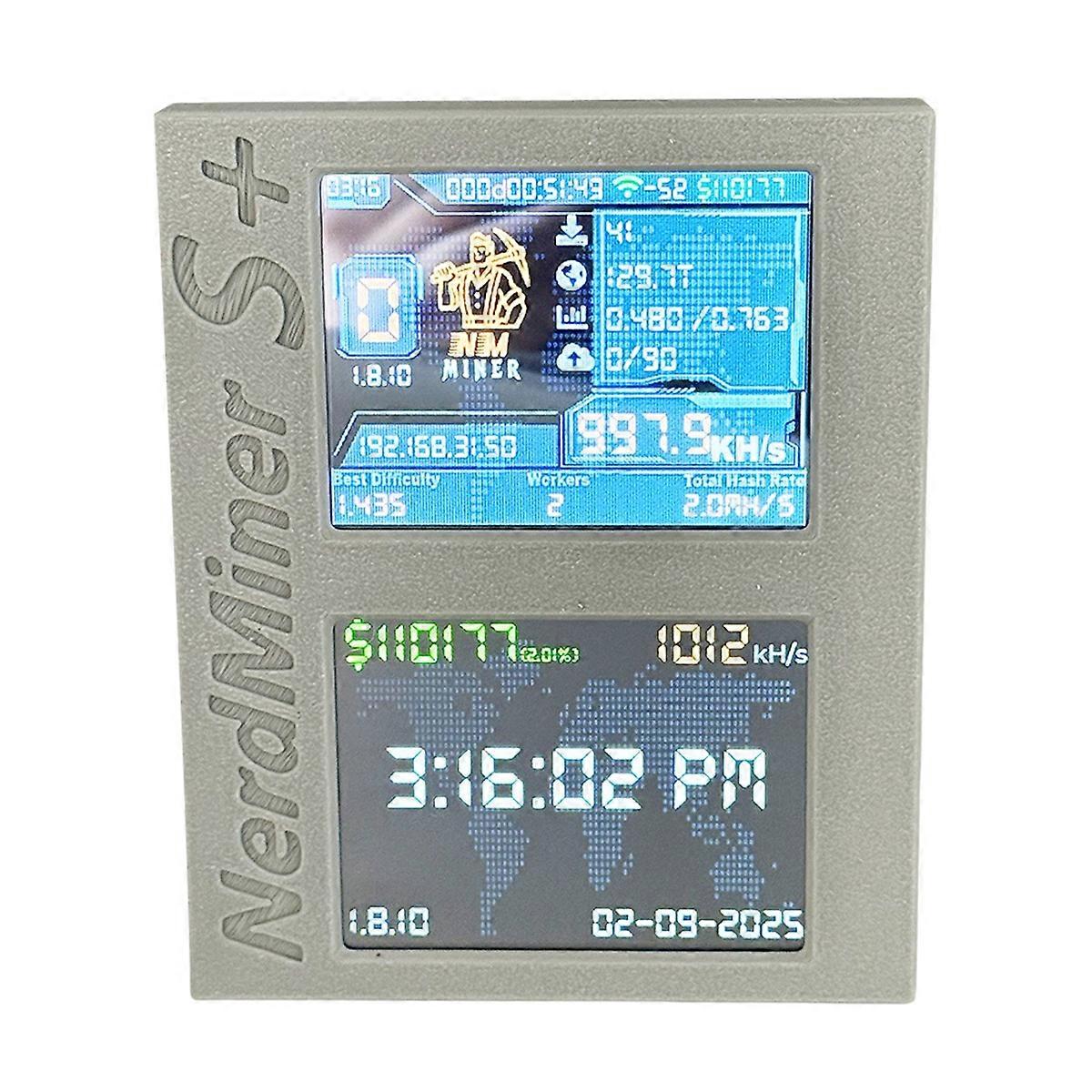 Nerdminer S+ Solo Miner Dual Screens 2x1060KH/S Mining/Time/Coin Price Display BTC Crypto Win 3.125