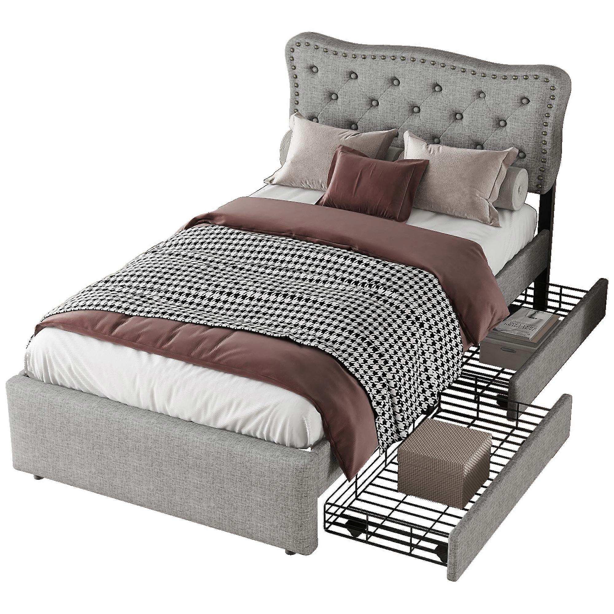 90x200cm Padded Bed Decorative Studs Double Drawers Gray Modern