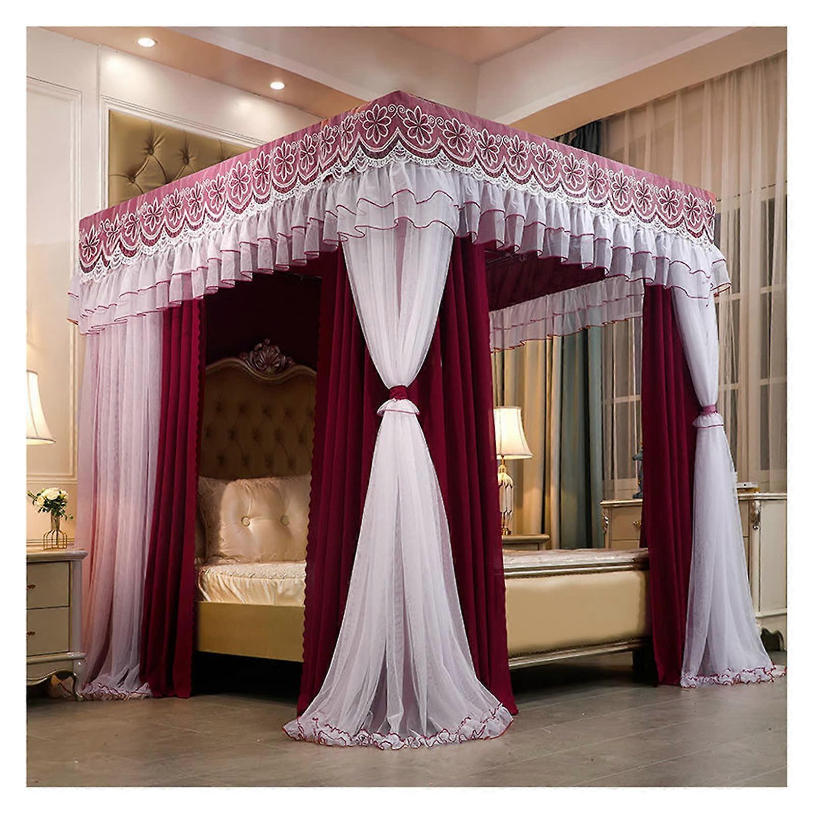 Princess Bed Canopy Mosquito Net For Double Bed 4 Corner Post Curtains 1.8x2m Double Layer Embroidery Lace Blackout Red