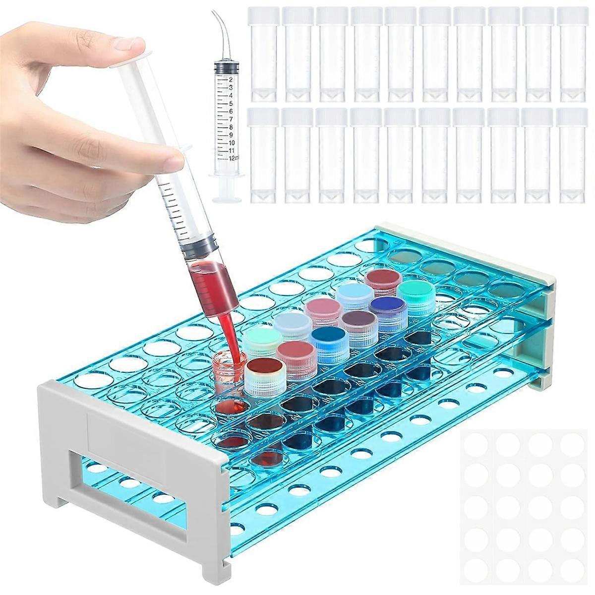 1 Sets Ink Sample Vial Holder, 50pcs 5ml Vial Storage Container with Test Tube Rack, 2 Curved Tip Syringes and Stickers