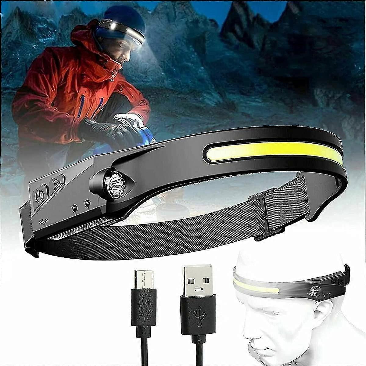 Led Headlamp Rechargeable Cob Flashlight Headband Hand Wave Induction Weatherproof Work Light
