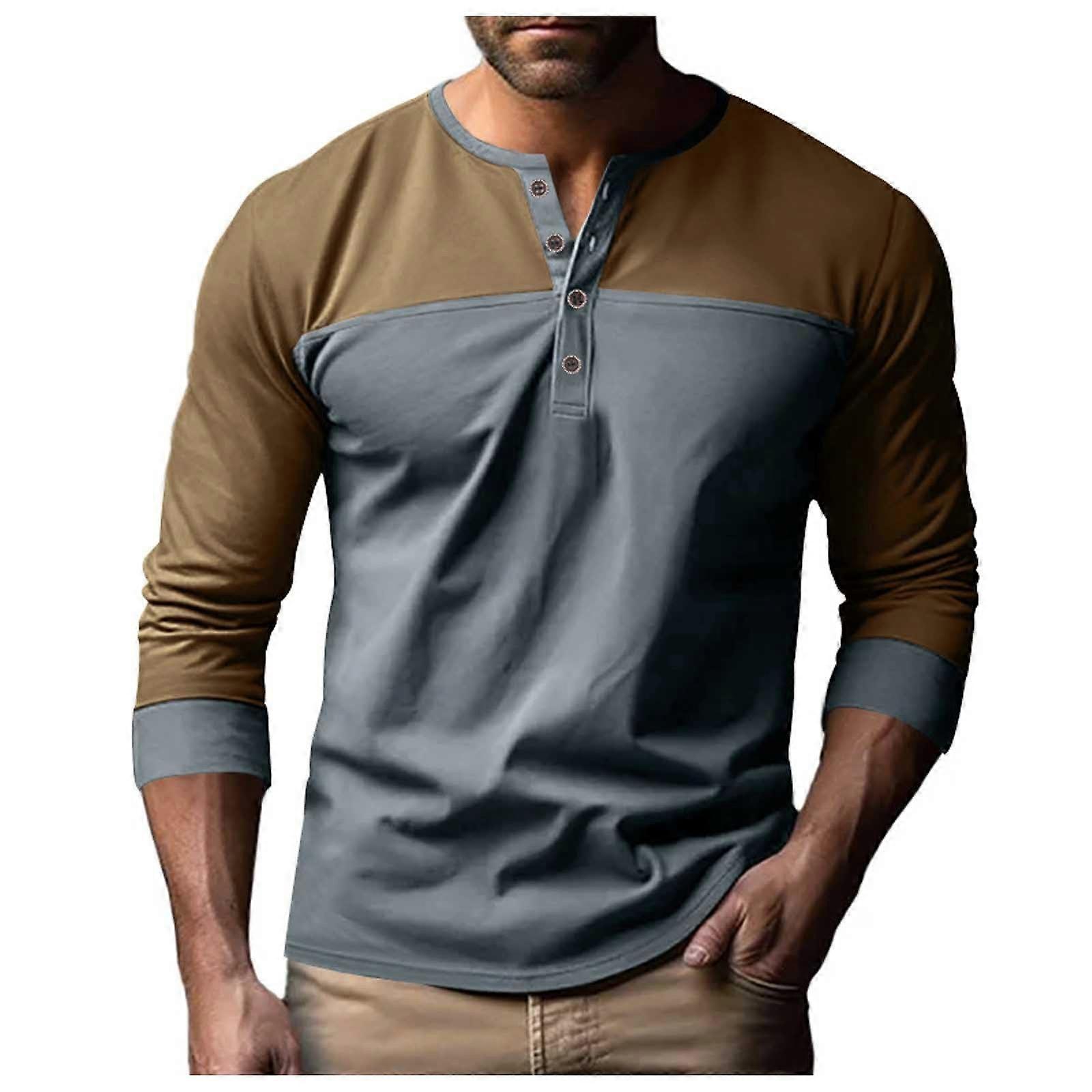 Men's Long Sleeve Basic Pullover Grey XL Casual Henley ButtonFront Shirt