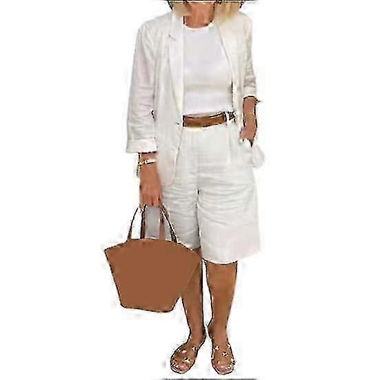 Simple Women Outfit Lapel Loose-fitting Buttons Elastic Waist Shorts Linen Suit