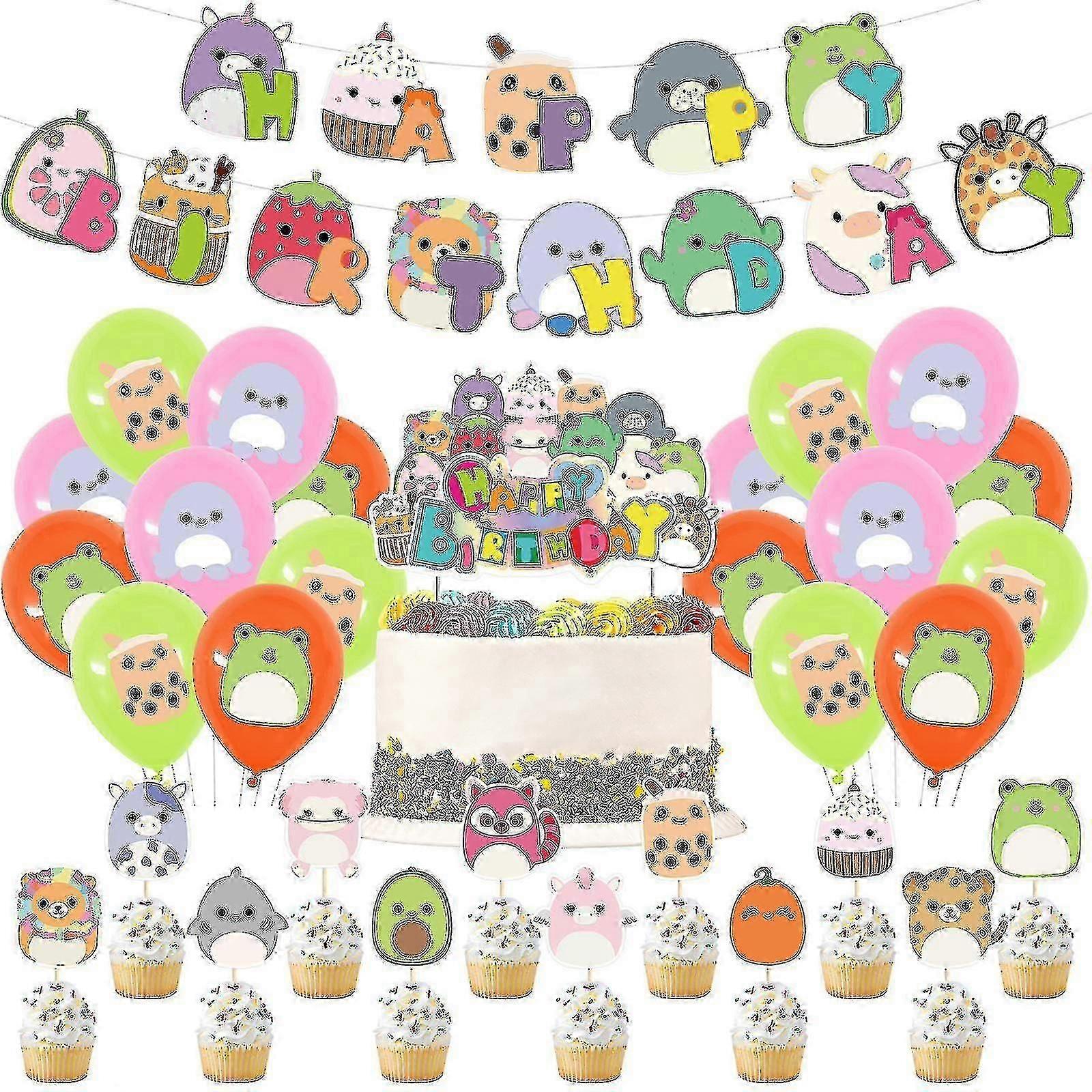 Squish Mallows -syntymäpäiväkoristeet, Squish Mallows -juhlatarvikkeet sisältävät syntymäpäiväbannerin, kakunpäällisen, squish-malvapallot, juhlakoristeet S