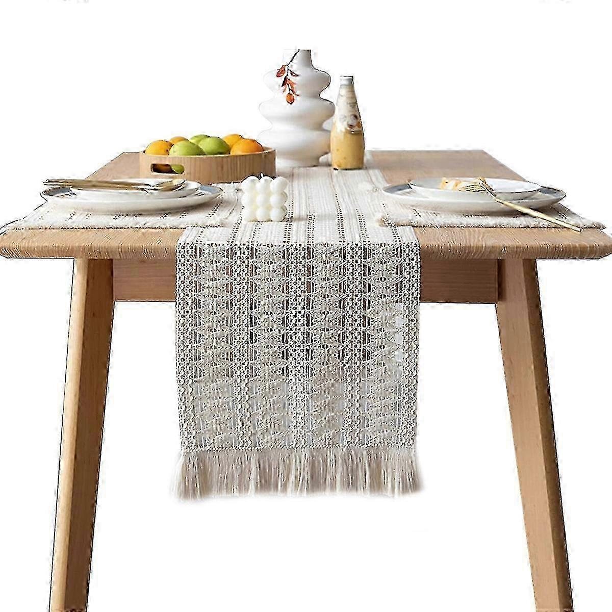 1pcs Rustic Linen Boho Table Runners 30x180cm, Braided Striped Table Runners with Tassel for Bohemian Wedding,Dinning (Hollow out)