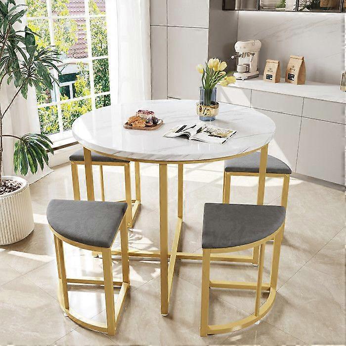 Metal Frame Round Marble Dining Table and Chair Set (5-Piece Set), Includes 4 Half-Circle Stools