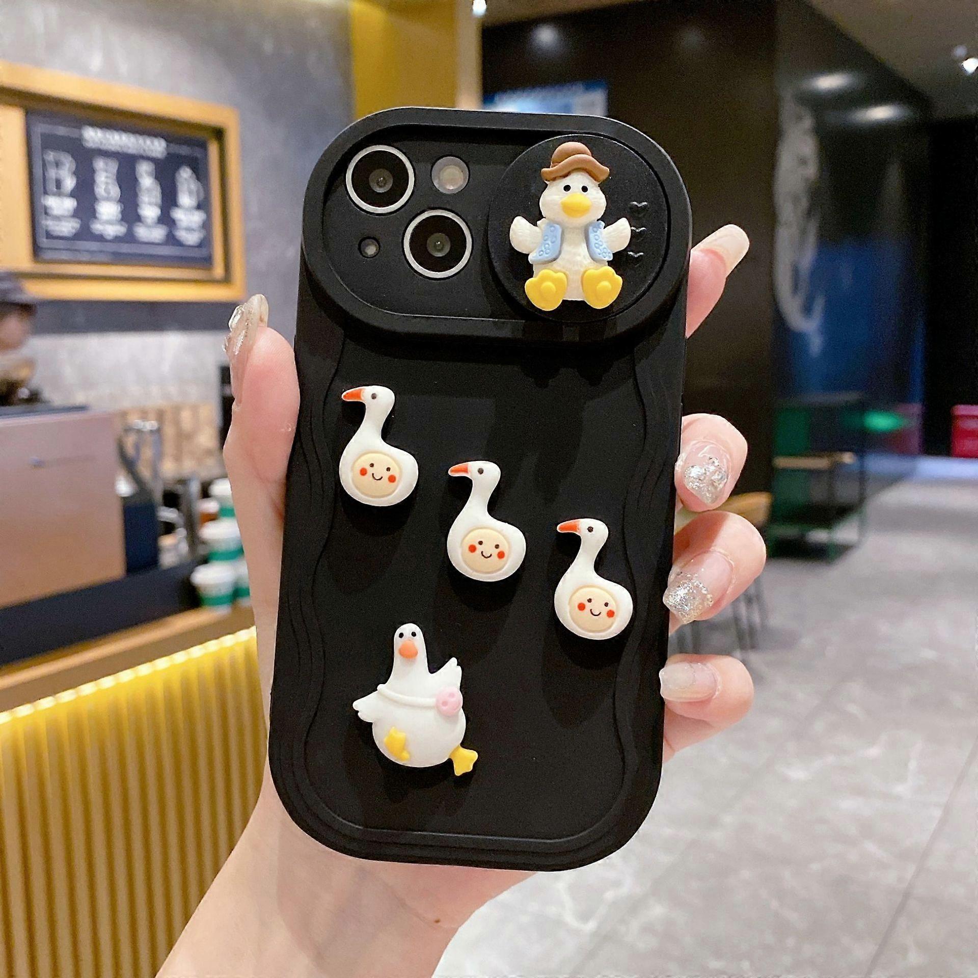 DIY duck-shaped soft case for iPhone X/16/14 with wave-shaped sliding window for Apple iPhone 15.