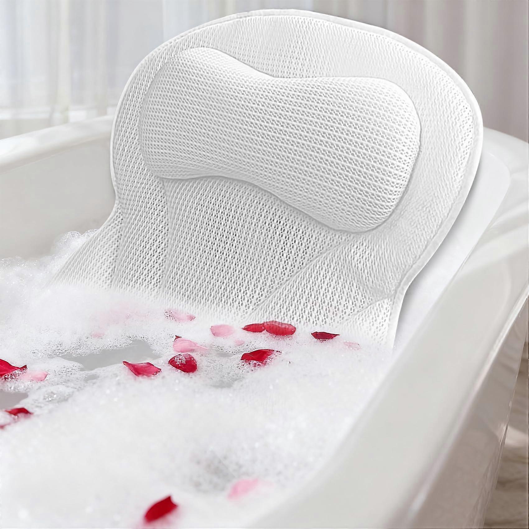 Bath Pillow for Head and Neck Support with 6 Non Slip Suction Cups, Soft 5D Air Mesh for Bathtub, White
