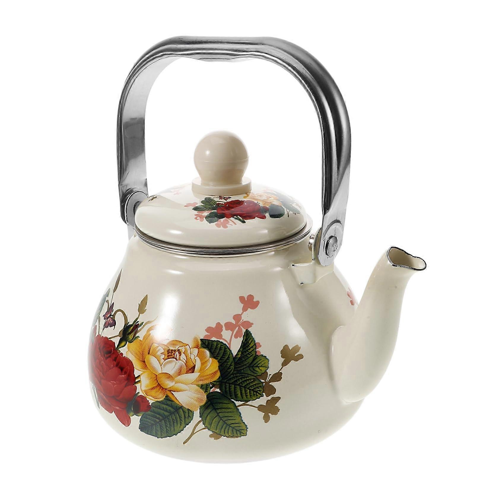 Vintage Enamel Teapot with Elegant Floral Design, Stovetop Heating and Builtin Strainer